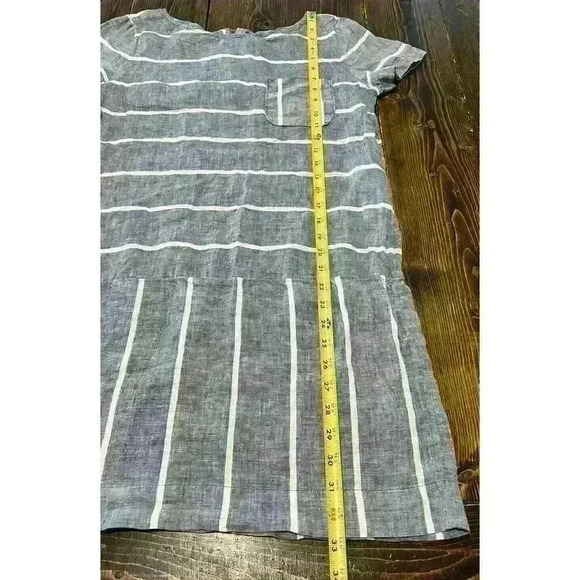 Lou & Grey Sz Small 100% Linen Shift Dress Short Sleeve Blue White Striped - Picture 3 of 6